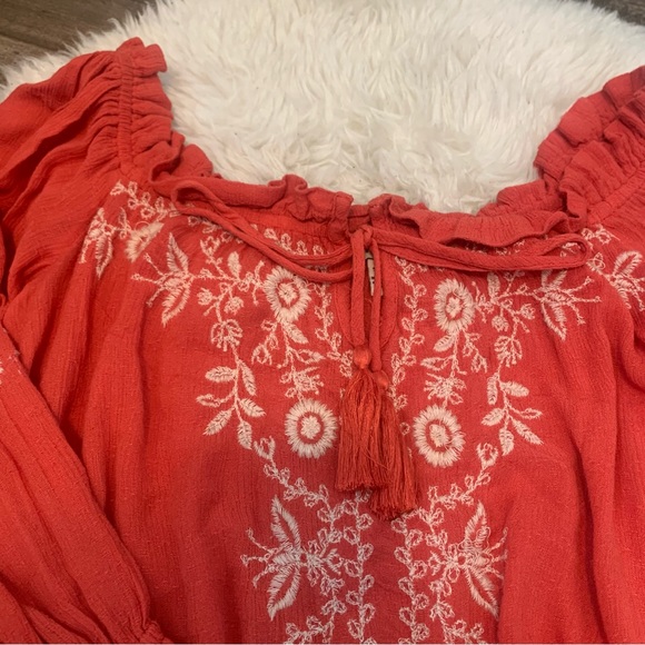 Boho Off-the-shoulder grapefruit-orange coloured blouse - long sleeve - Picture 5 of 7